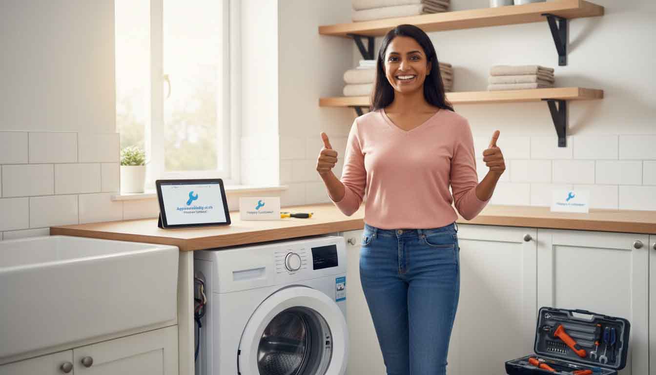 Happy customer giving a thumbs up while holding a repaired appliance, showcasing a positive experience with ApplianceHelp.co.uk