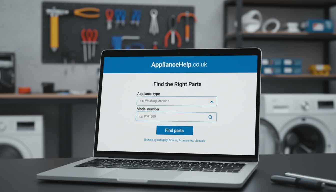 Close-up of the Part Finder tool interface on ApplianceHelp.co.uk, showing input fields for appliance type and model number