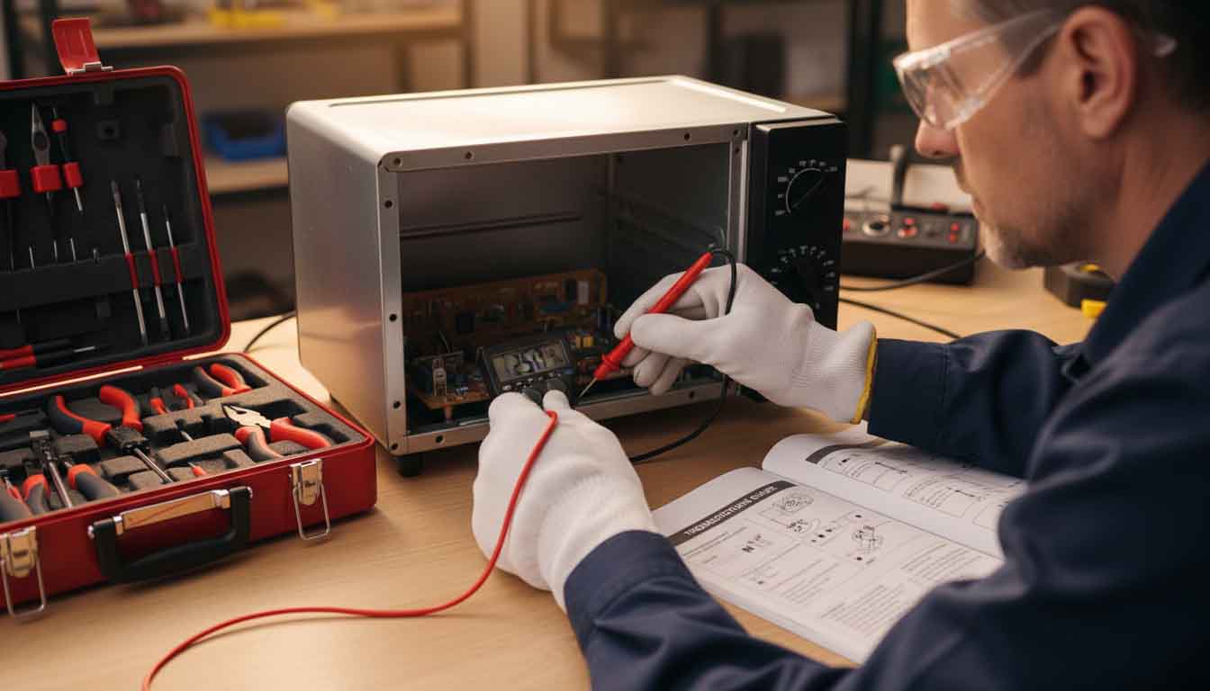 Person using a multimeter to test an appliance, with a toolbox and instruction manual nearby