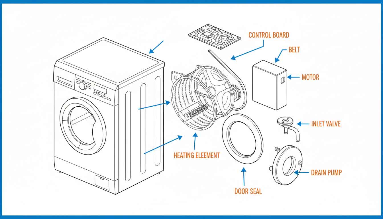 Diagram showing common appliance faults with labelled arrows pointing to specific problem areas