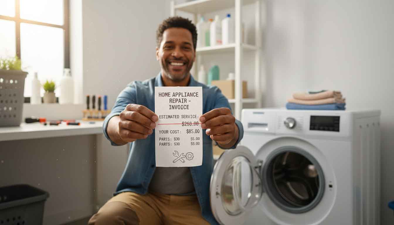 Person holding a receipt and smiling next to a repaired appliance, illustrating cost savings from DIY repairs