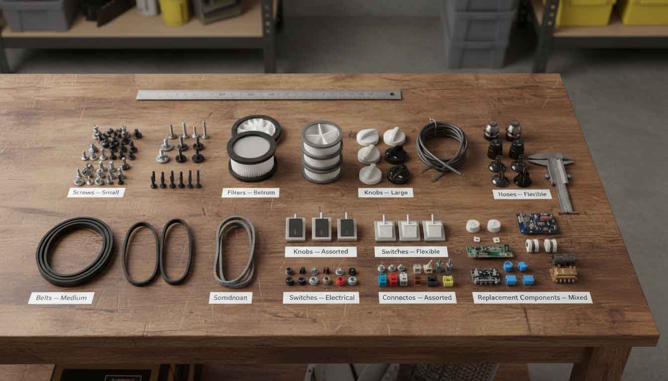 Selection of appliance parts displayed on a table, with labels indicating different categories and sizes