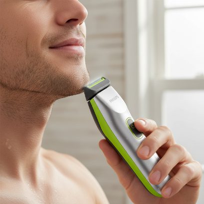 Philips OneBlade gently gliding over skin, showcasing its safety features designed for sensitive and intimate areas.