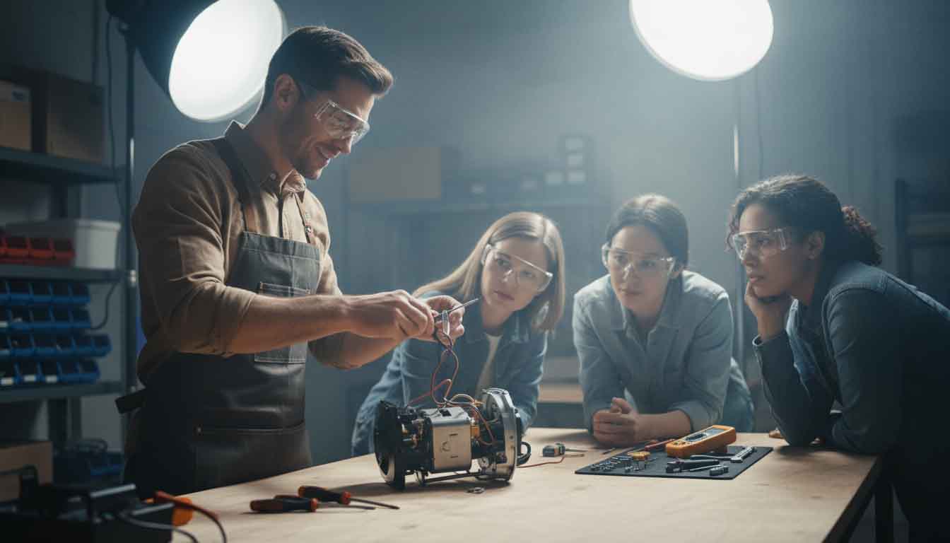 Workshop setting with a technician demonstrating basic repair techniques on a broken appliance