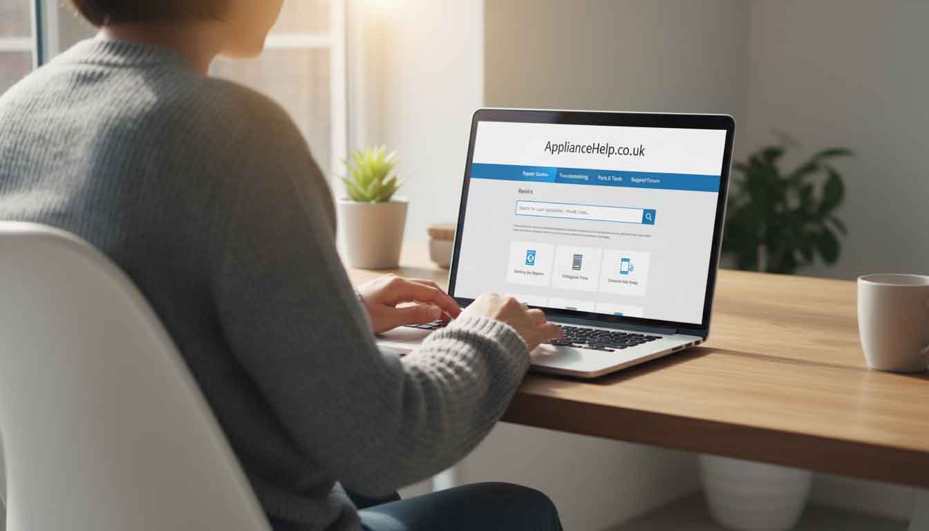 User browsing ApplianceHelp.co.uk website, highlighting navigation menus and search bar for easy access to repair information