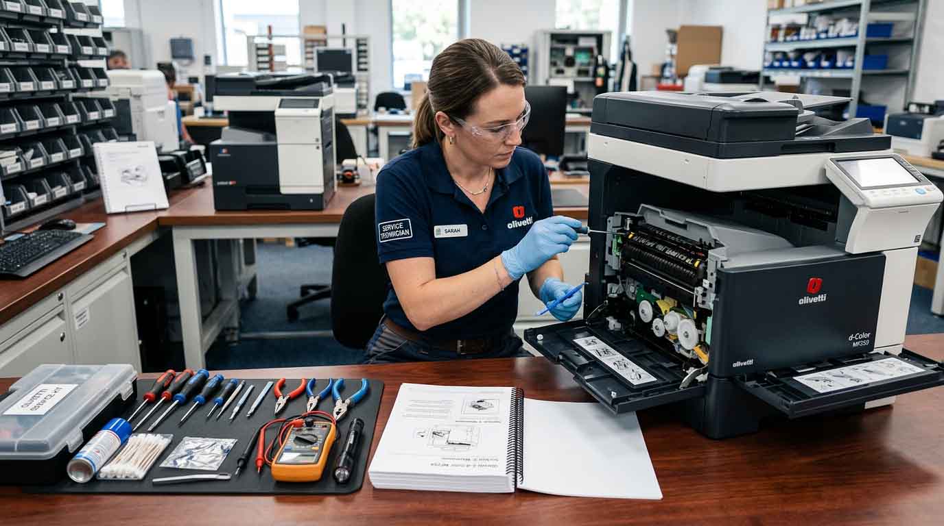 Technician providing maintenance to an Olivetti printer with tools and a user manual visible