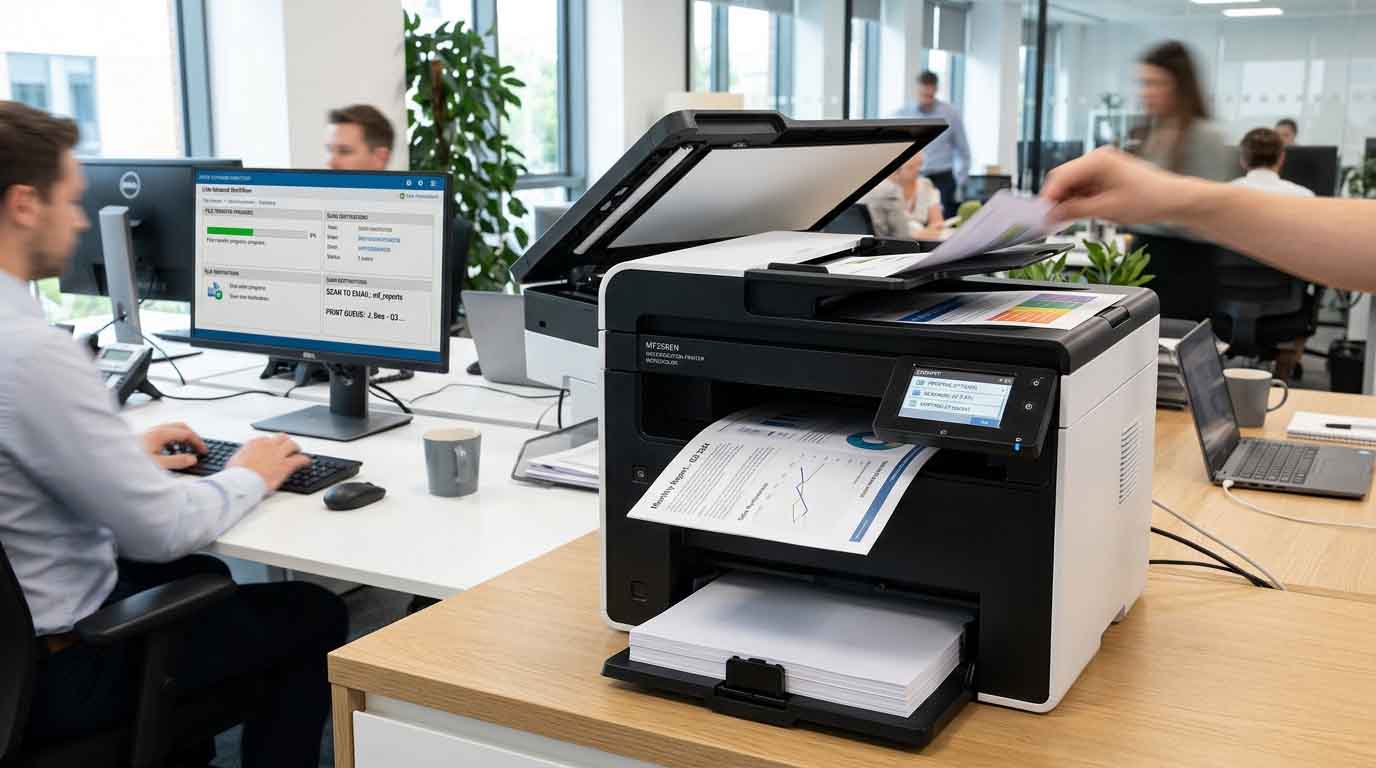 The MF259EN performing multiple functions including printing, scanning, and copying, with documents and digital screens visible