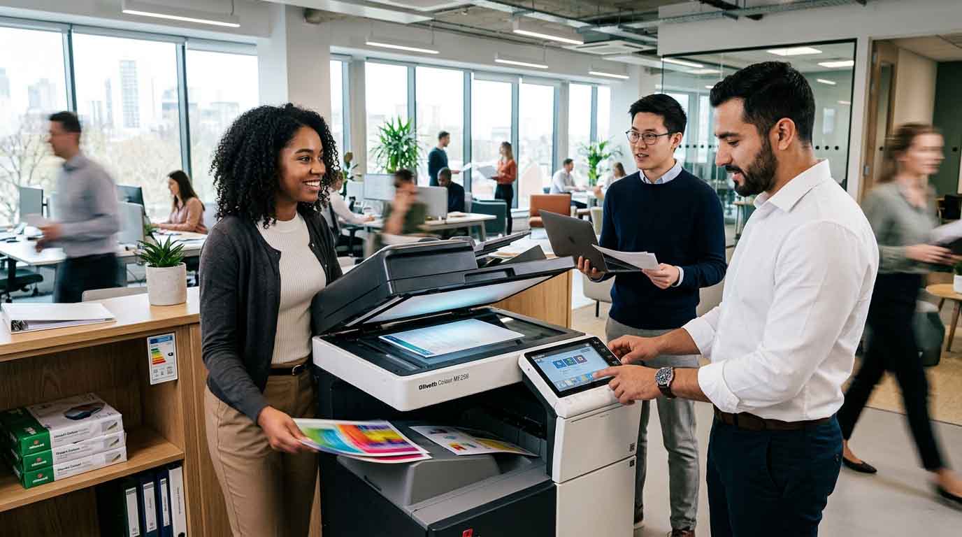 Olivetti Colour MF259 showcased in a dynamic office space with professionals interacting and using the printer