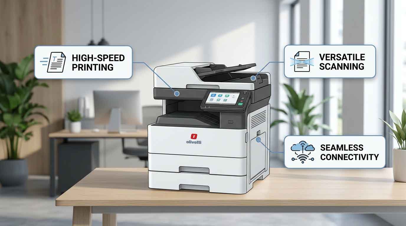 Highlighted key features of the Olivetti A3 D Color MF259en with icons representing printing, scanning, and connectivity capabilities