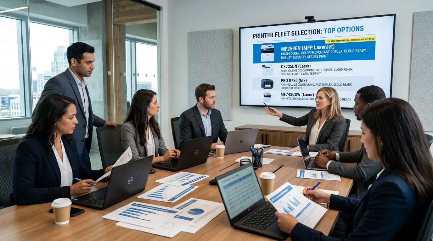 Business team reviewing printer options in a conference room, with the MF259EN highlighted as a top choice
